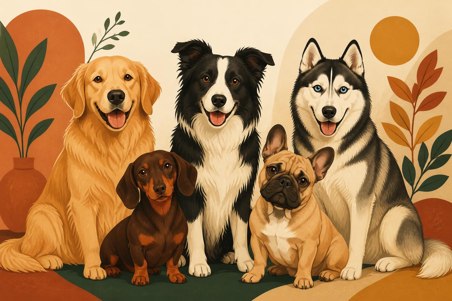 Illustration of five dog breeds sitting together: golden retriever, dachshund, border collie, French bulldog and husky